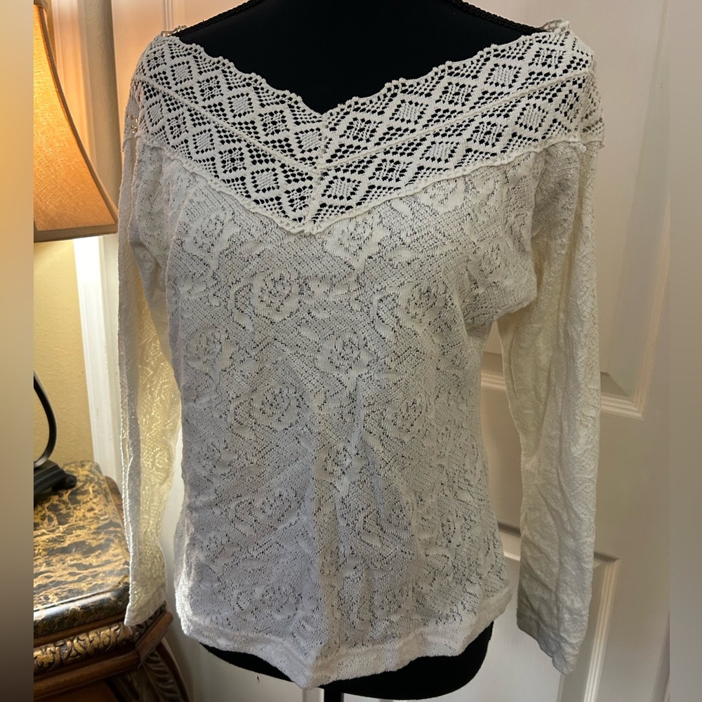 Ivory Thin Knit Lace Crocheted Sweater